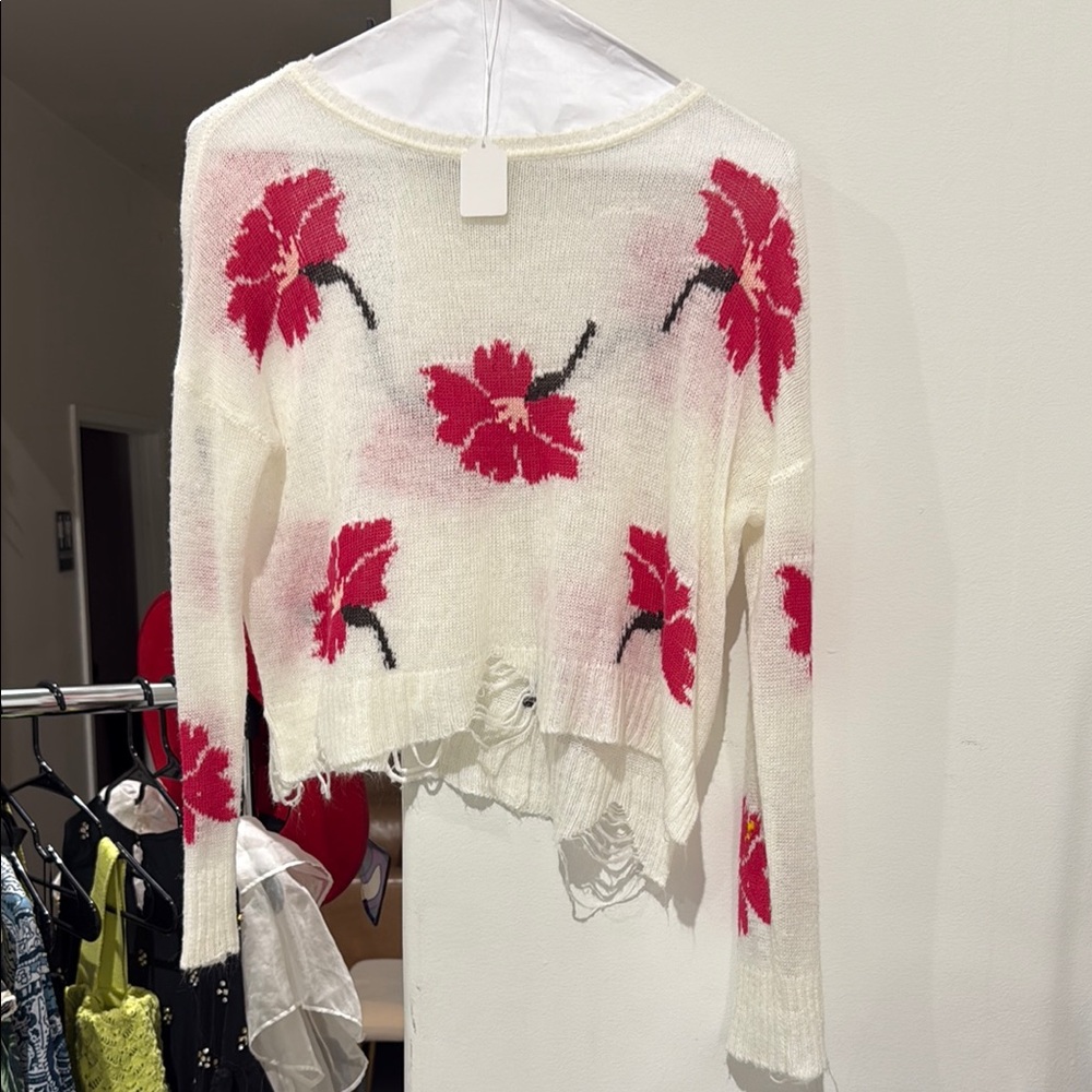 Show Me Your MuMu Floral Knit Sweater - Cream with Red Accents